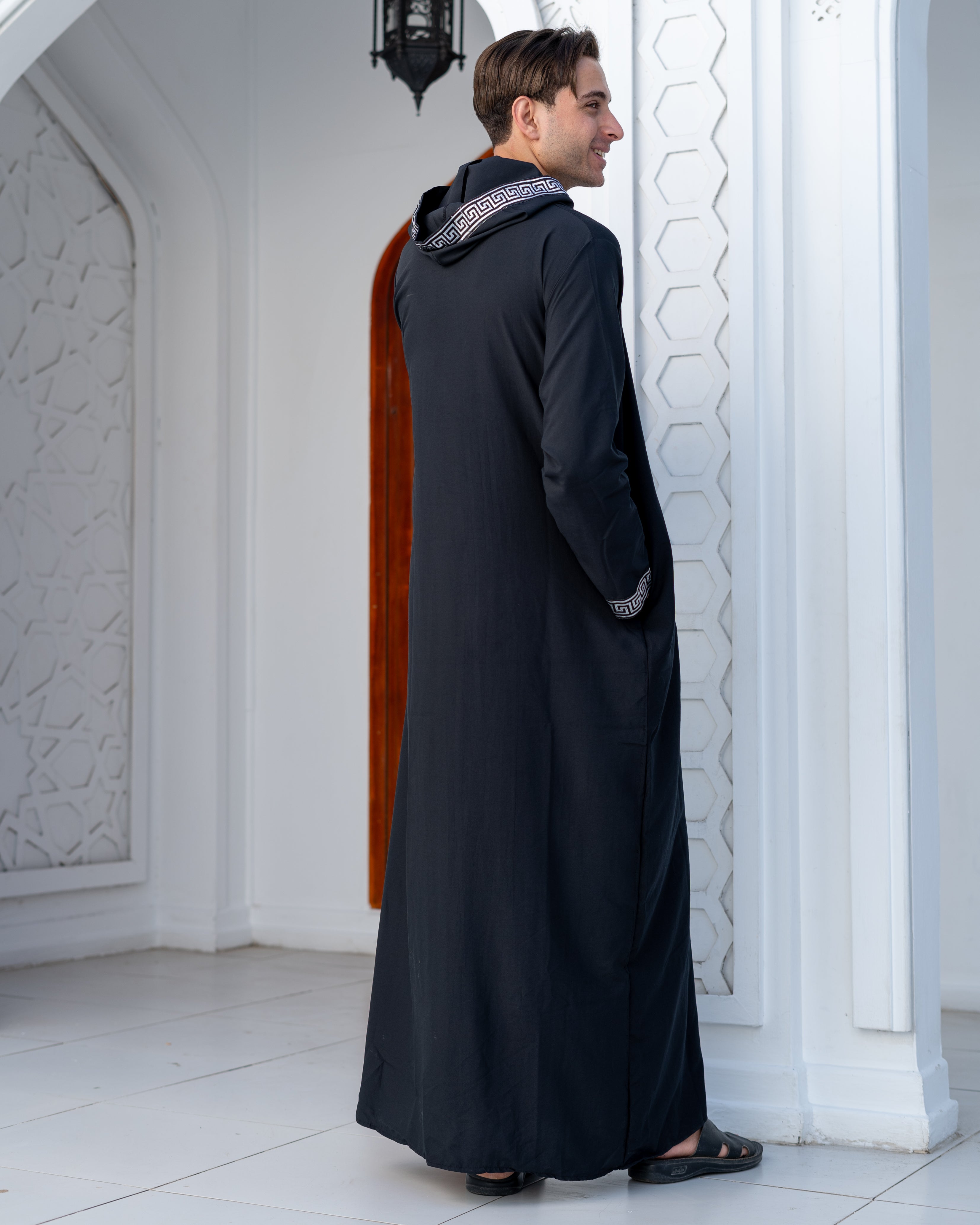 Imported Cotton Men’s Abaya with Versace-Inspired Embroidered Trim