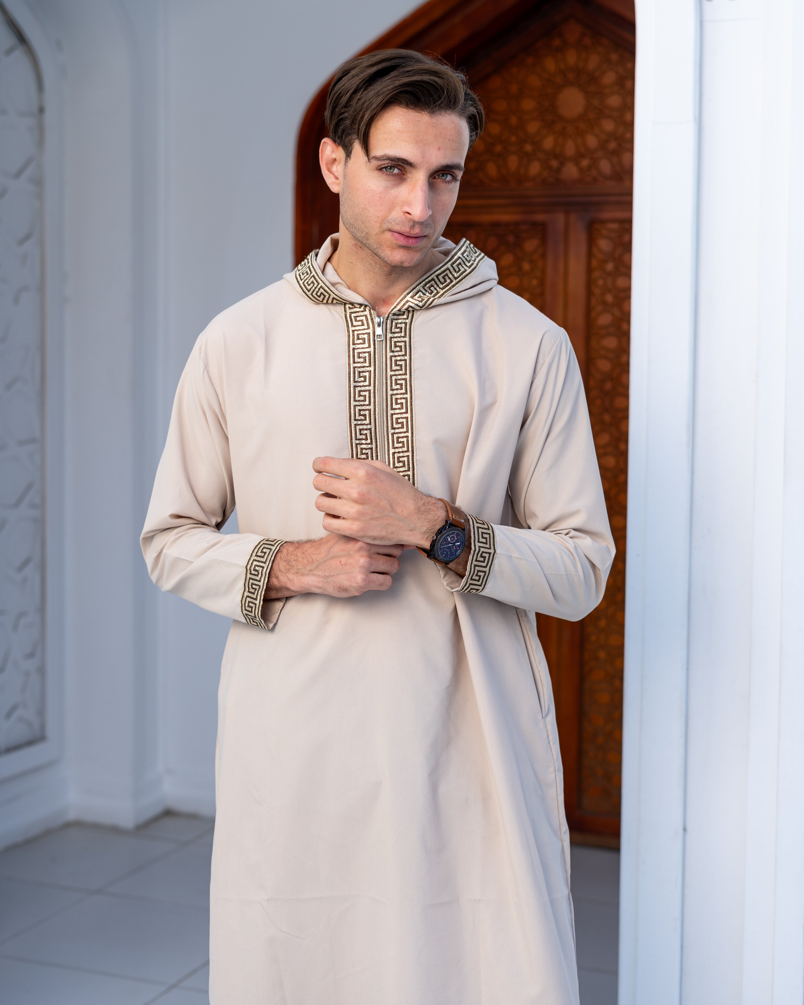 Imported Cotton Men’s Abaya with Versace-Inspired Embroidered Trim